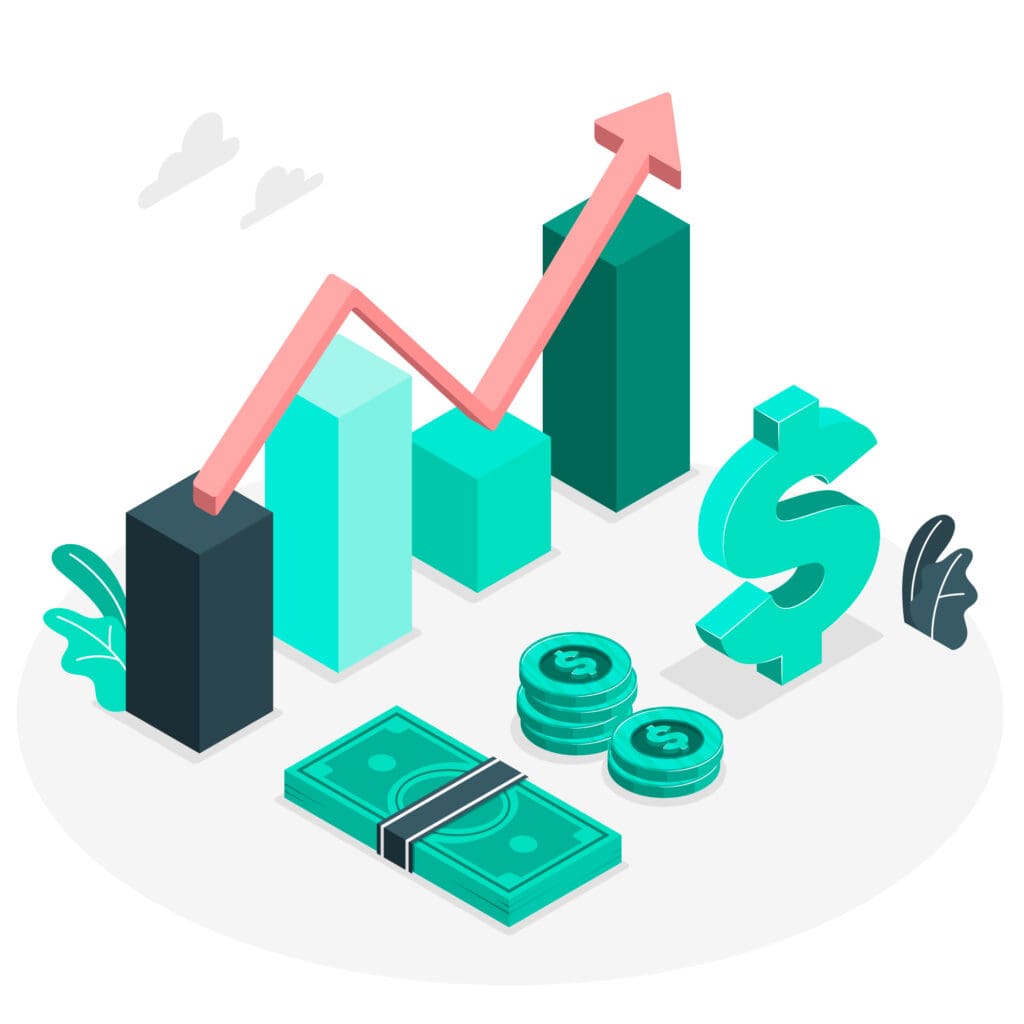 A graph with money signs and an arrow indicating growth.