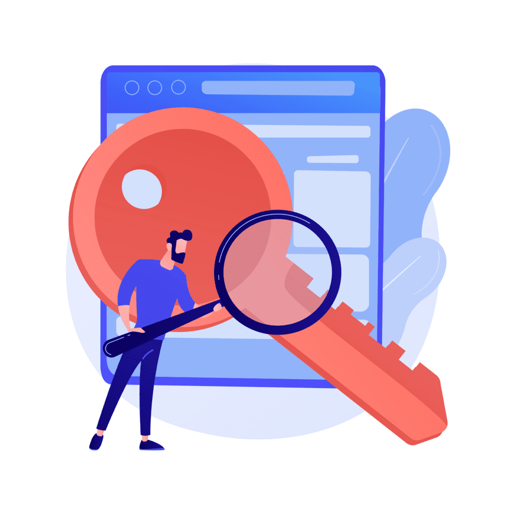A man holding a magnifying glass over a key that's in front of a product page.