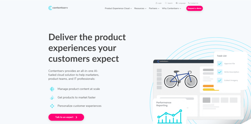 Contentserv homepage showcasing product experience management with a headline, call-to-action buttons, and visuals highlighting task lists and performance reporting.