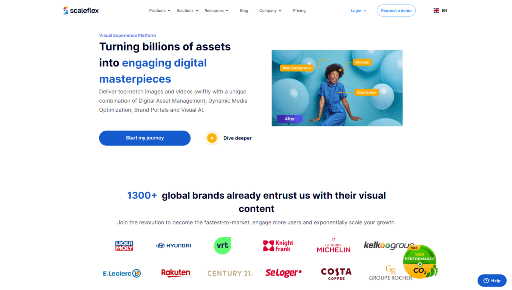 Scaleflex homepage showcasing digital asset management with a bold headline, call-to-action buttons, visual AI features, and logos of trusted global brands.