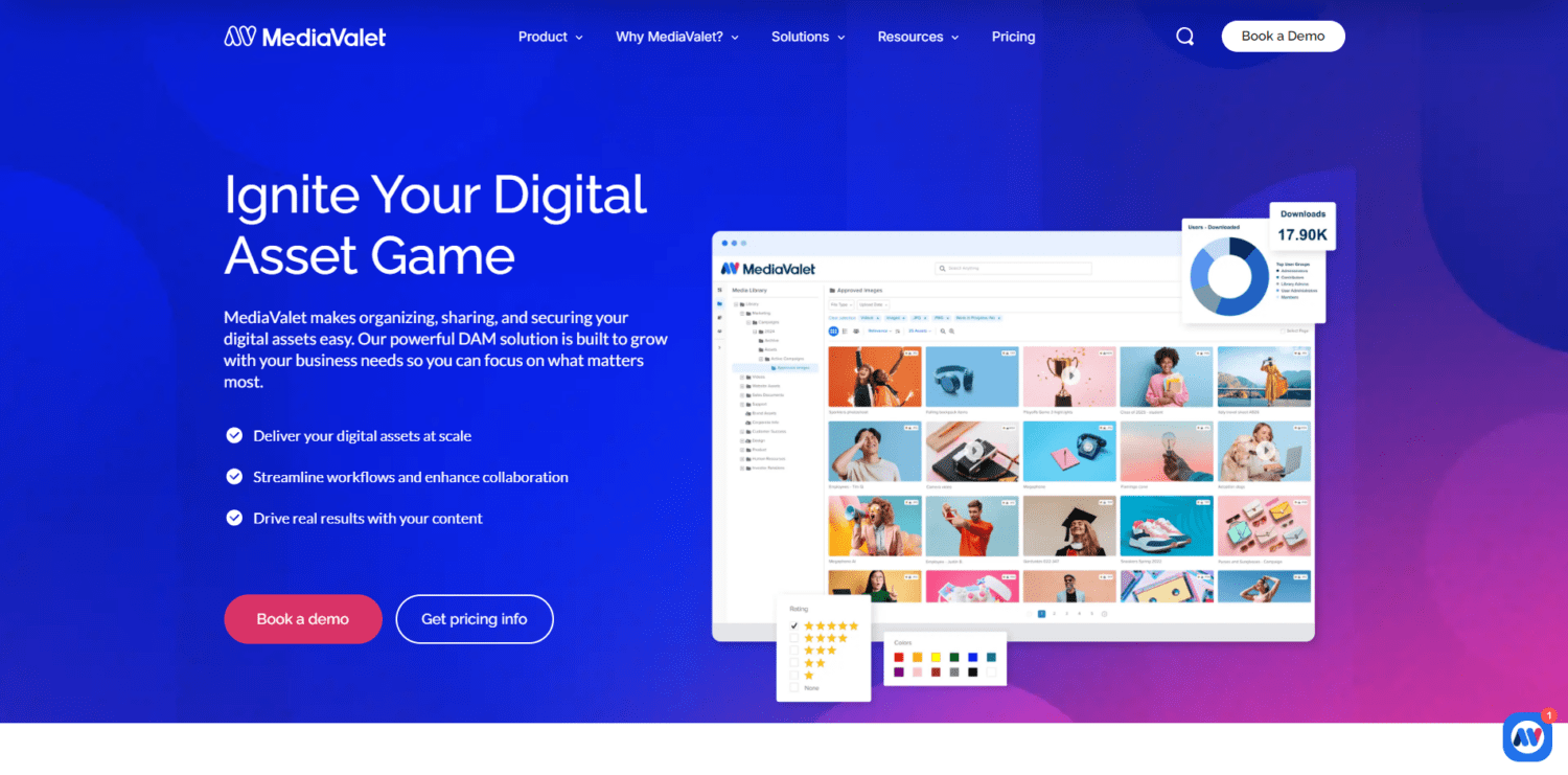 MediaValet homepage promoting itself as one of the best digital asset management software solutions, featuring a bold headline, demo button, and visuals of organised digital assets.