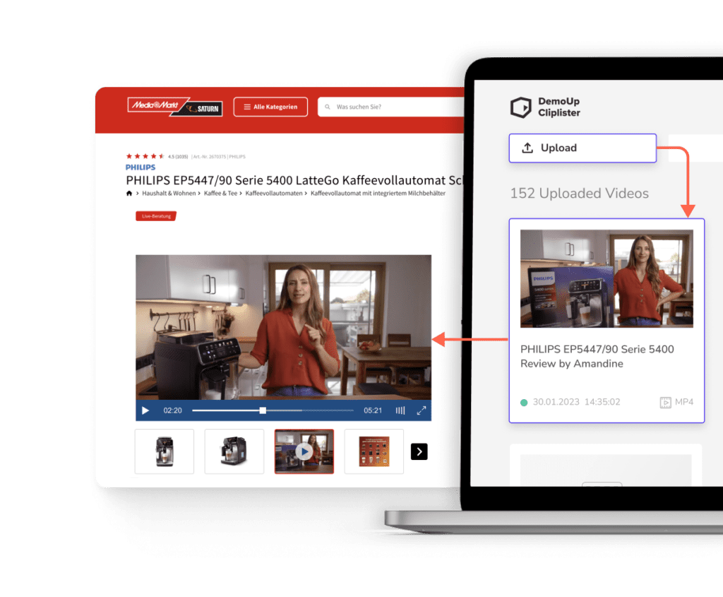 DemoUp Cliplister syndicating product videos to a retailer's product pages.