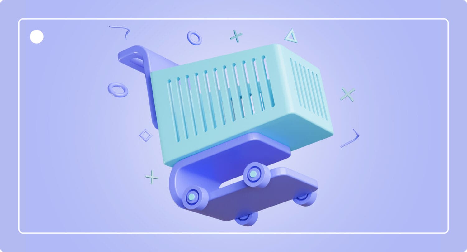 A light blue virtual 3D eCommerce shopping cart flies through the air on a blue background.