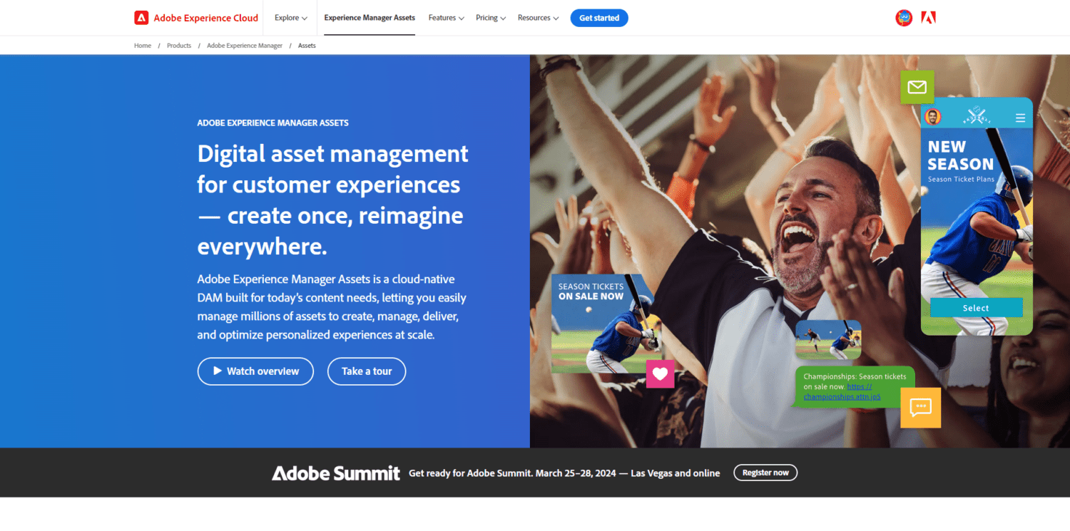 Adobe Experience Manager Assets homepage highlighting digital asset management, with a headline, call-to-action buttons, and vibrant visuals of personalised content.
