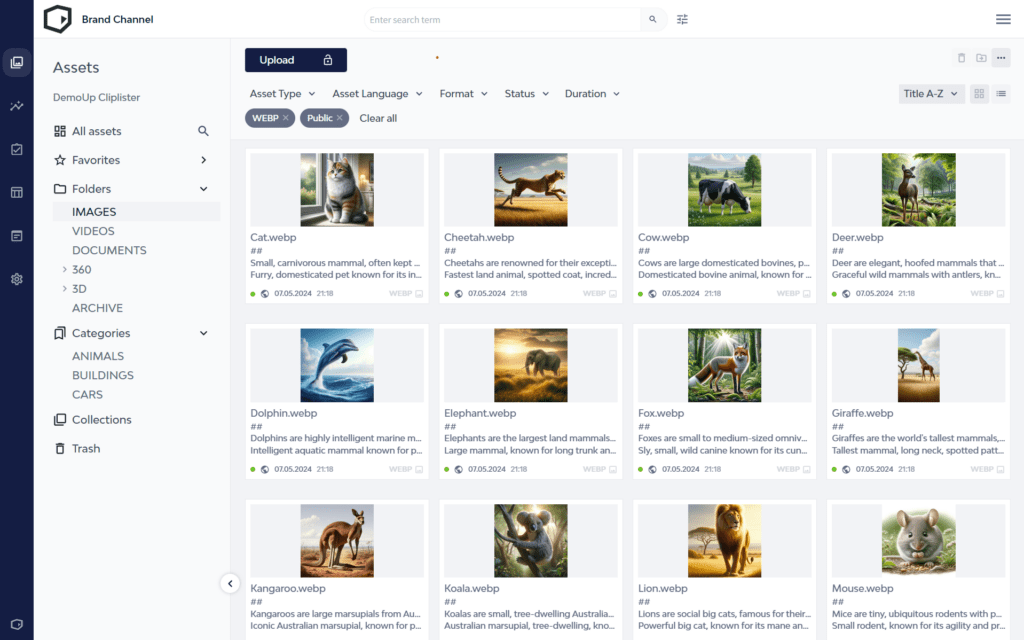 The DemoUp Cliplister Brand Channel neatly organises your digital assets into a gallery for easy access.