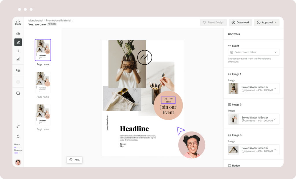 Mock screenshot of Frontify showing a design editor with a promotional material template, controls for editing images and text, and options to download or approve.