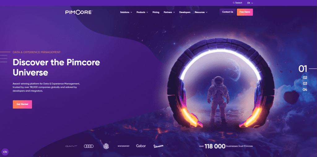 The Pimcore homepage features an astronaut in a futuristic environment.