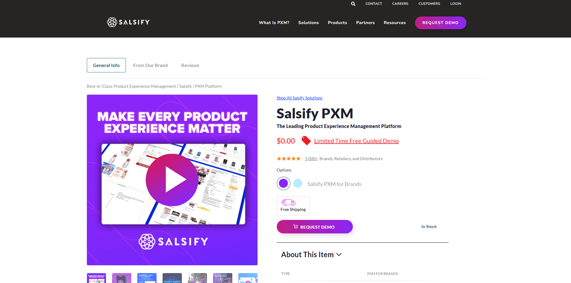 The Salsify homepage features a product video and a demo request button.