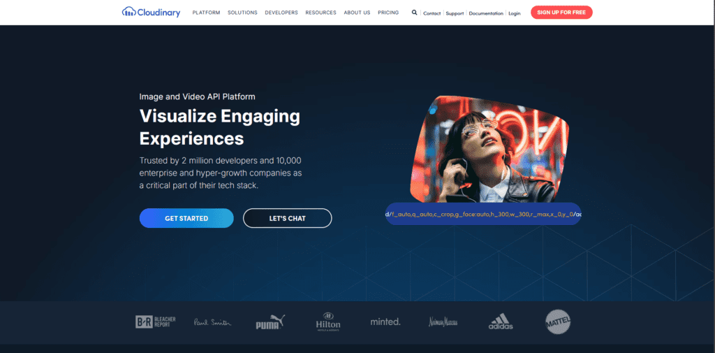 Cloudinary's homepage features its dynamic URL generation and client logos.