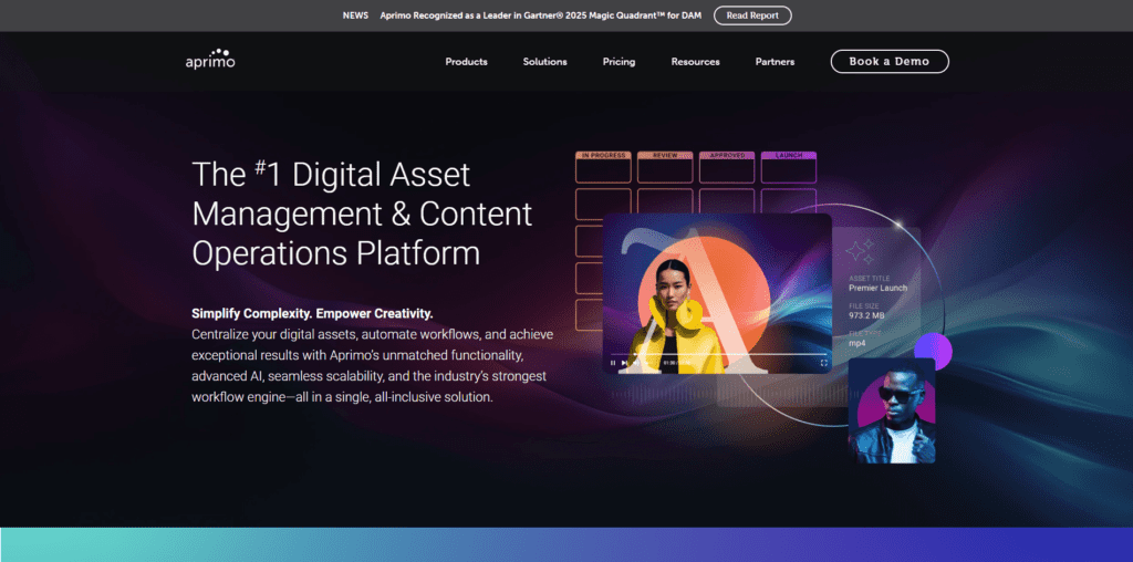 The Aprimo homepage features a fashion model wearing a yellow jacket positioned over a content review stage matrix and metadata.