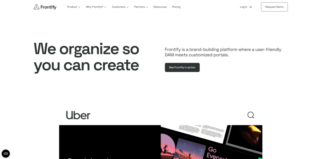 The Frontify homepage prominently features the headline "We organize so you can create."