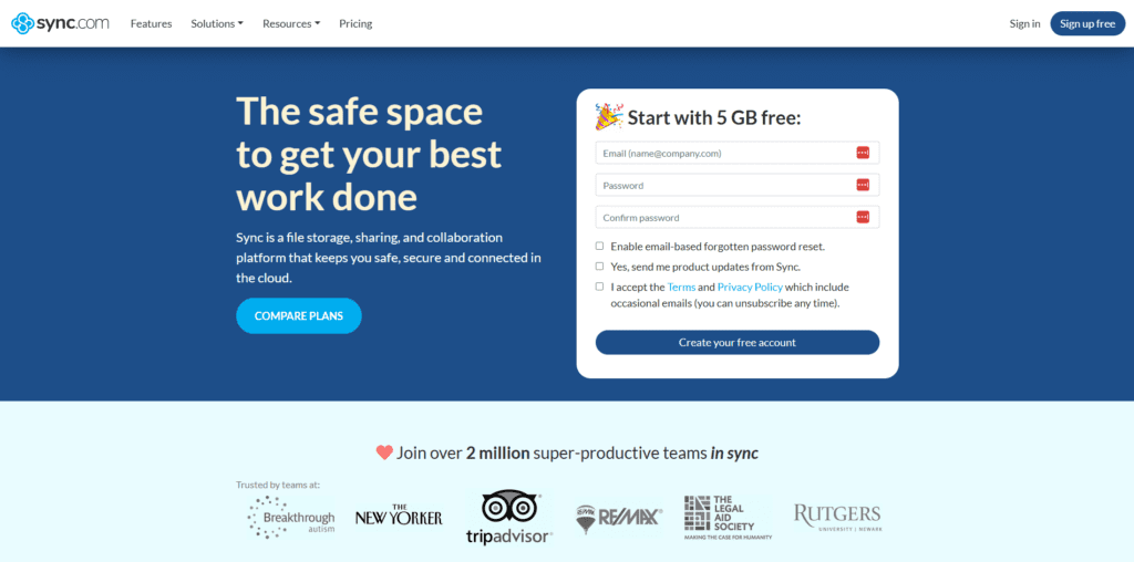 Sync.com's homepage positions it as the safe space to get your work done.
