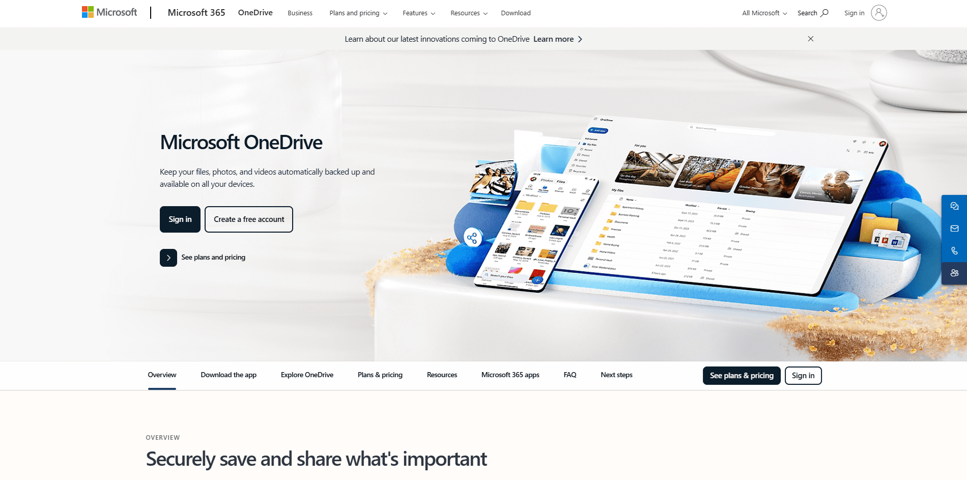 The Microsoft OneDrive homepage.