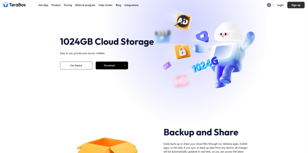 The TeraBox homepage features its offer of 1024 gigabytes of cloud storage.