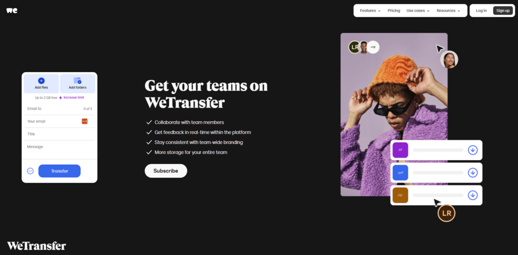 The WeTranfser homepage.