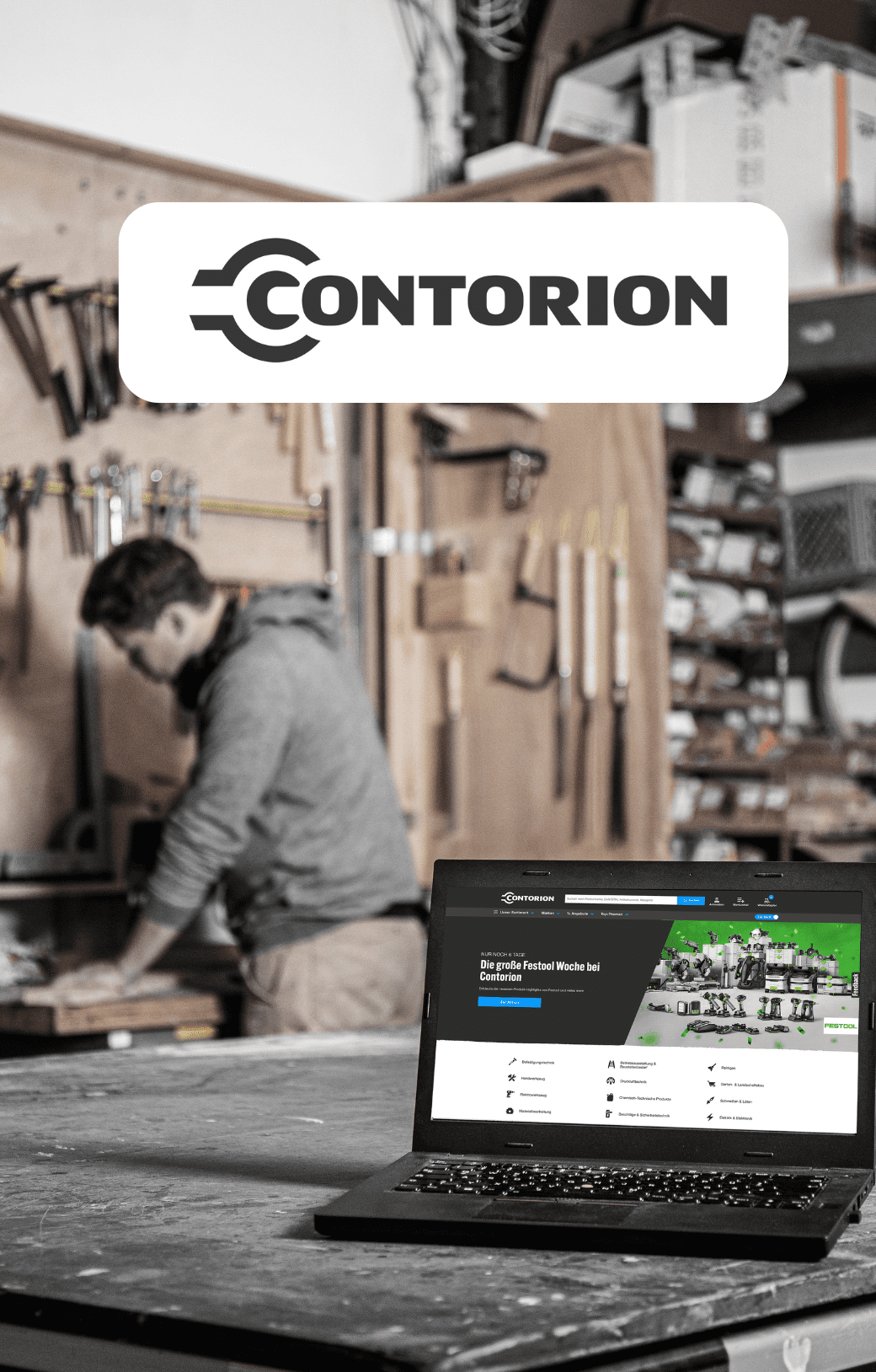 A person works in a toolshed behind a laptop displaying the Contorion homepage.