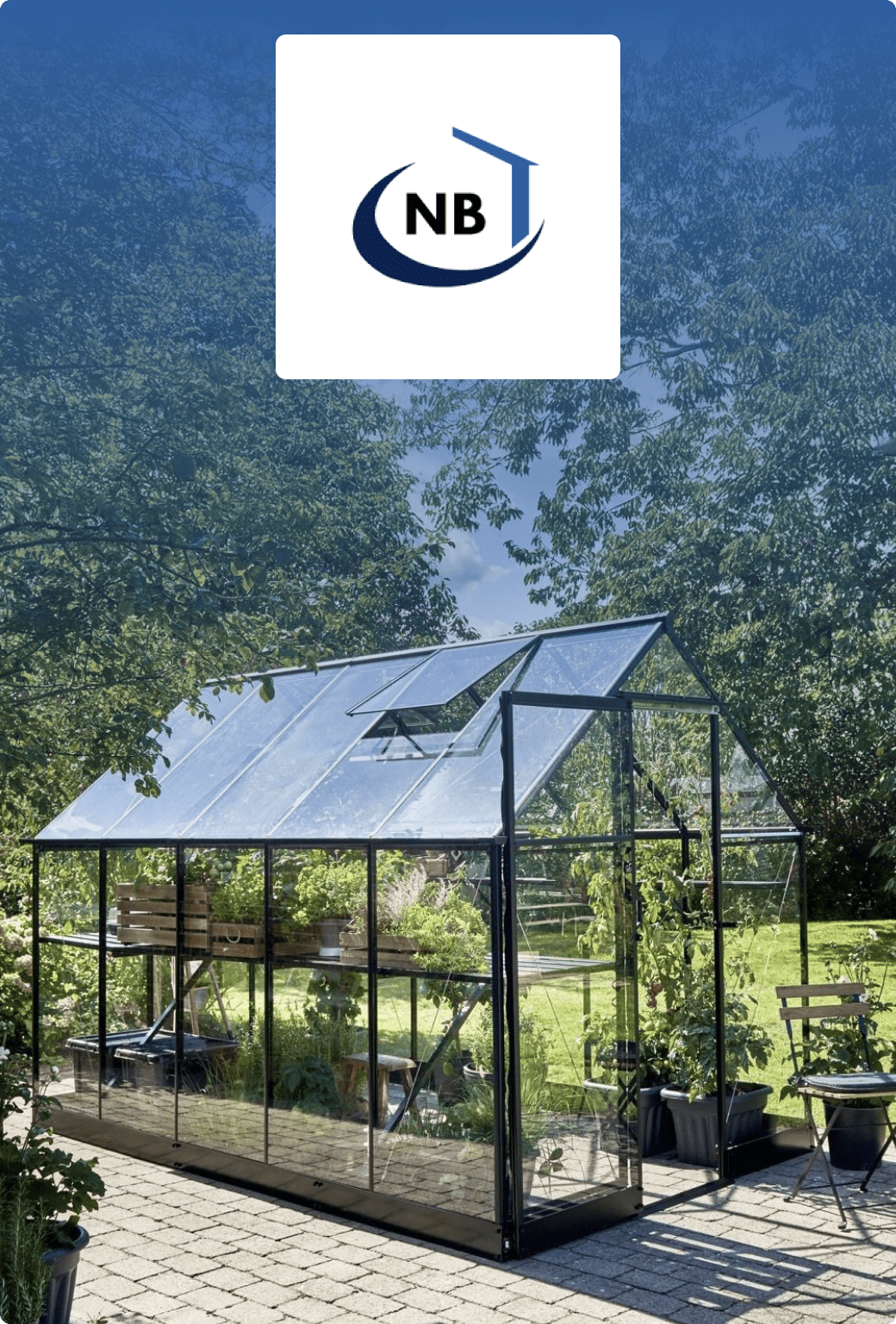 A greenhouse underneath the Netbyggemarked logo.